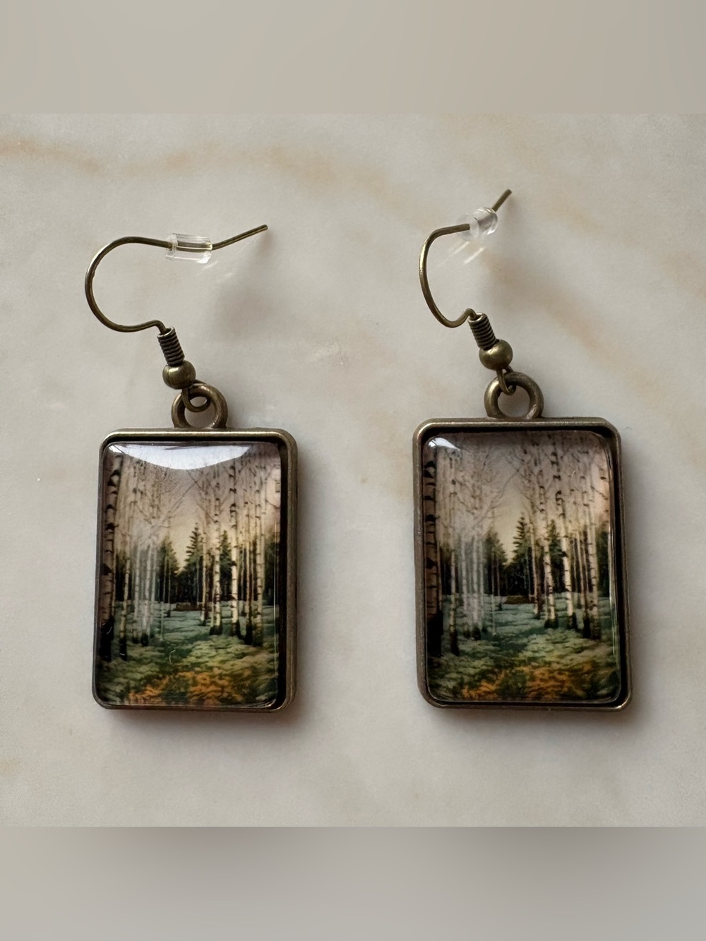 Vintage inspired Forest Scene Rectangular Drop Earrings in Antique Bronze
